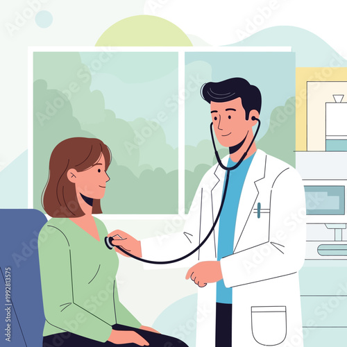 Doctor examining patient with stethoscope, healthcare concept, flat illustration