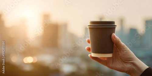 Graceful female hand holds disposable coffee cup against city skyline at sunset, evoking sense of calm and warmth