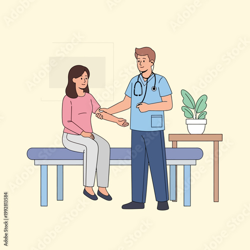 Doctor examining patient's arm in medical clinic, healthcare concept illustration