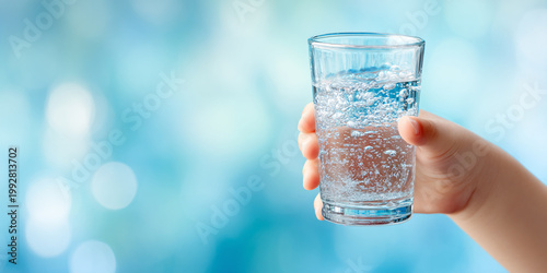 Child hand holds glass of sparkling water, showcasing bubbles and reflections in bright, cheerful setting