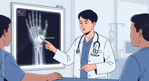 Doctor Explains Hand X-ray to Patients in Clinic Consultation Room