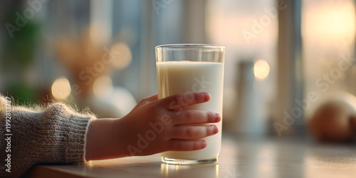 Child hand gently holding glass of milk, creating warm and inviting atmosphere