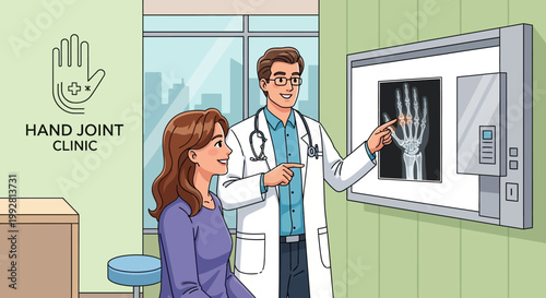 Doctor Explains Hand X-ray to Patient at Clinic Consultation