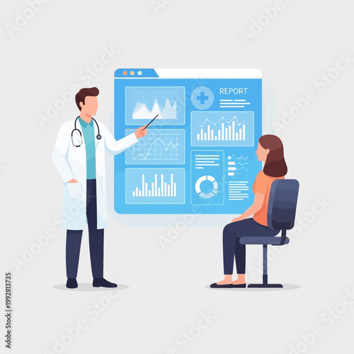 Doctor Explains Medical Report Data on Digital Screen to Patient