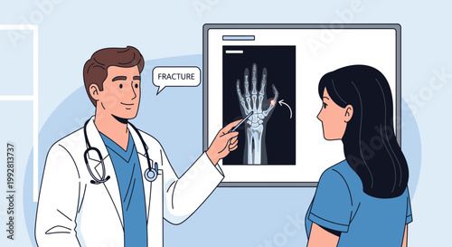 Doctor Explains Wrist Fracture Diagnosis on X-ray to Patient