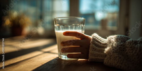 Child small hand gently holds glass of milk, sunlight streaming through window, creating warm and cozy atmosphere