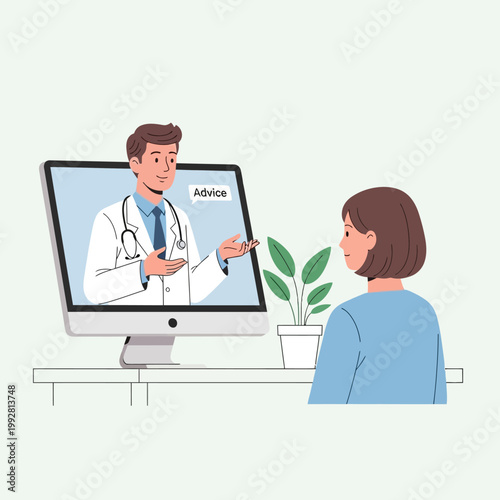 Doctor giving online medical advice on computer screen to patient, telehealth concept