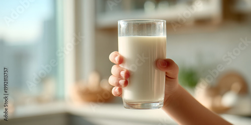 Child hand holds glass of milk, showcasing innocence and joy in bright kitchen setting