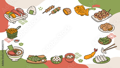 居酒屋、日本食、飲み屋、定食屋、和食、おつまみなどのシンプルな手書き背景ベクターフレーム素材 16:9 Simple hand-drawn vector frame graphics for Japanese restaurants, travel to Japan, izakayas, and more.