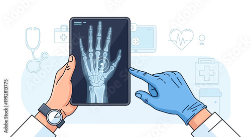 Doctor Holding X-ray of Hand on Tablet, Medical Icons Background