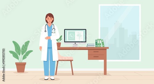 Doctor in office with stethoscope, computer and plants