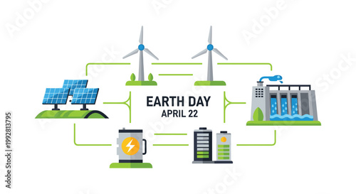 A network of green lines connects solar panels wind turbines a hydroelectric dam and power storage units with 'EARTH DAY APRIL 22' text centered on a white background.
