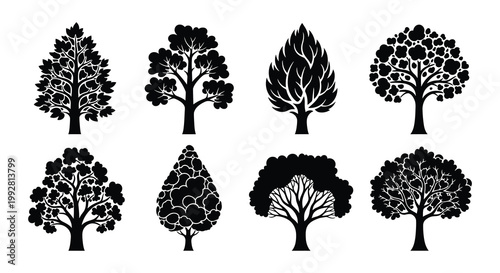 Collection of monochrome tree silhouettes in varying shapes and styles