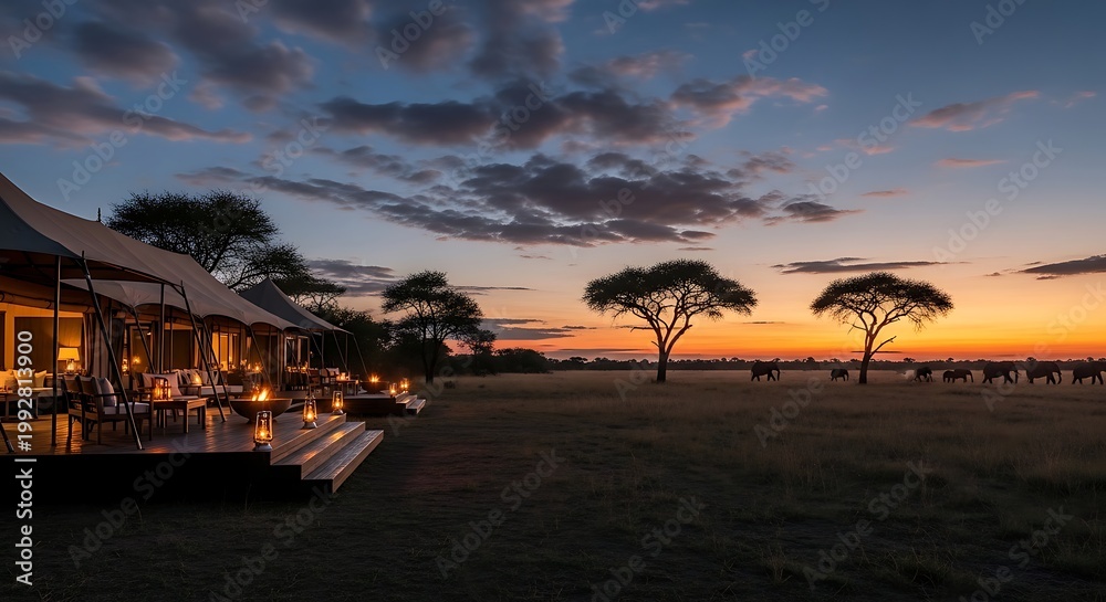 Naklejka premium Luxury safari lodge at sunset with elephants in the distance, African savanna landscape, serene travel destination