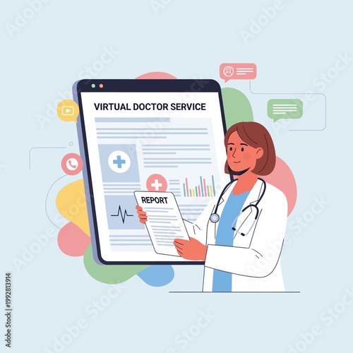 Doctor with Report Near Tablet Screen Showing Virtual Doctor Service