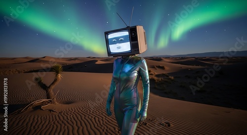 Surreal desert scene with a person wearing a futuristic suit and a vintage television for a head under an aurora sky.