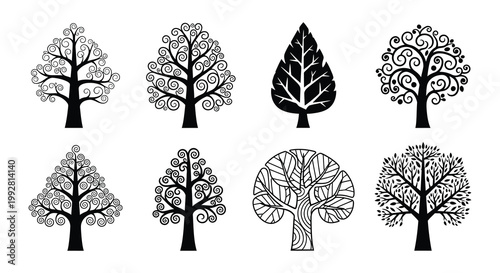 Collection of monochrome tree silhouettes in varying shapes and styles