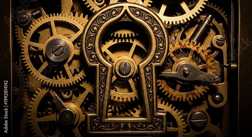 Intricate golden brass gears and cogs with a central keyhole, showcasing complex clockwork mechanism.