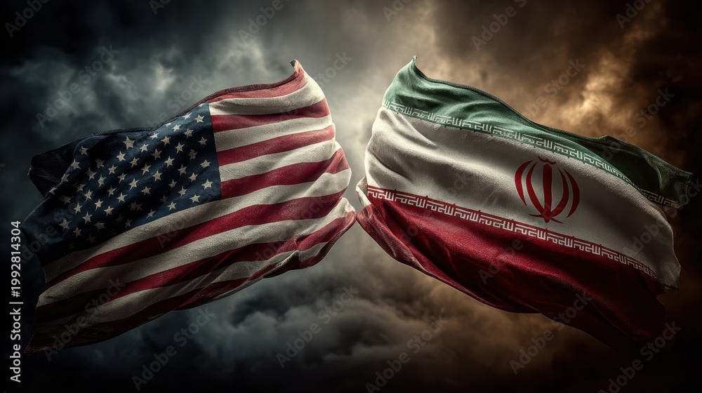 Obraz premium USA United States of America and Iran relations competition war crisis politic government,flag waving,nternational tension relation crude oil,symbolic display about relations,conflicts concept.