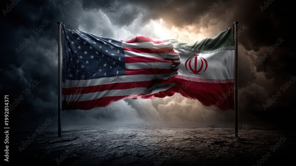 Obraz premium USA United States of America and Iran relations competition war crisis politic government,flag waving,nternational tension relation crude oil,symbolic display about relations,conflicts concept.