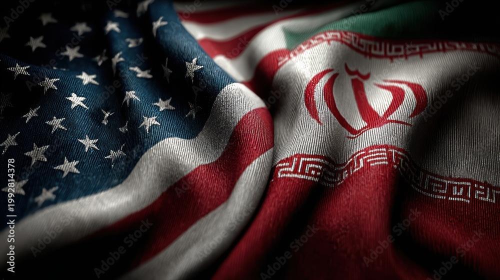 Obraz premium USA United States of America and Iran relations competition war crisis politic government,flag waving,nternational tension relation crude oil,symbolic display about relations,conflicts concept.