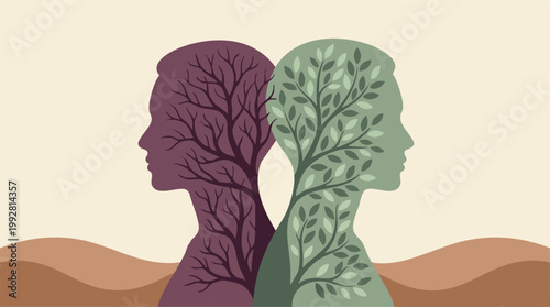 Vászonkép Mental health concept: Human profiles with vibrant and bare tree branches inside