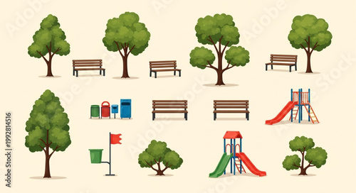 Collection of park elements including trees benches and playground equipment.