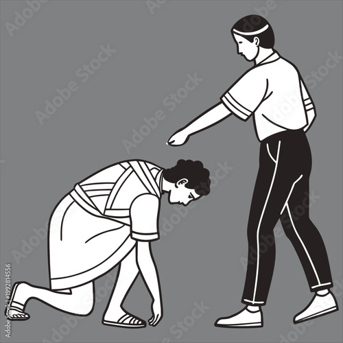 Minimalist illustration of a standing figure blessing or gesturing toward a kneeling man in ancient tunic