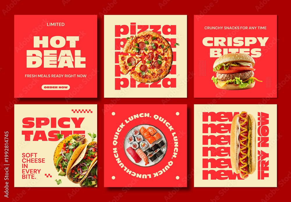 Fast Food Social Media Post Set with Modern Promotional Layouts Stock ...