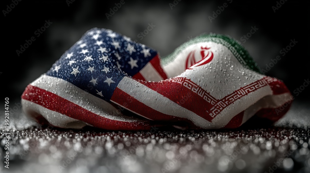 Obraz premium USA United States of America and Iran relations competition war crisis politic government,flag waving,nternational tension relation crude oil,symbolic display about relations,conflicts concept.