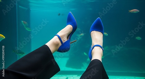 Person's feet in vibrant blue high heels against an aquarium background with swimming fish.