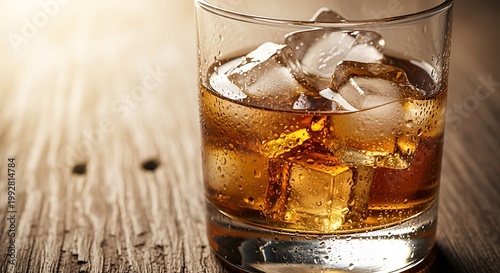 A glass of whiskey with ice cubes on a rustic wooden table, illuminated by warm light, creating a cozy atmosphere.
