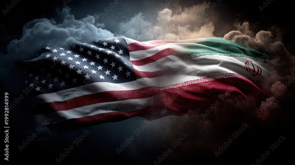 Obraz premium USA United States of America and Iran relations competition war crisis politic government,flag waving,nternational tension relation crude oil,symbolic display about relations,conflicts concept.