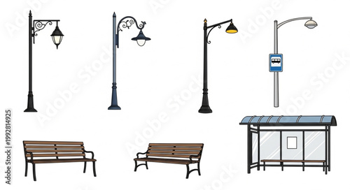 Collection of street furniture and lighting elements.