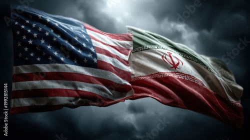 USA United States of America and Iran relations competition war crisis politic government,flag waving,nternational tension relation crude oil,symbolic display about relations,conflicts concept.