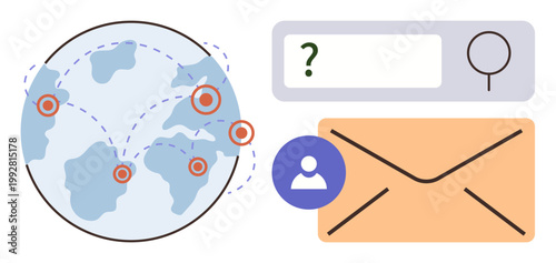 Global communication, digital messaging, online search, worldwide network, email services, user identity. A world map with location points, email icon and search bar. Global communication