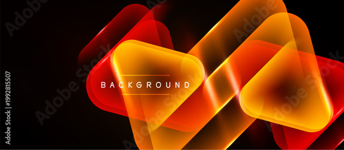 Abstract glowing squares overlap, creating vibrant orange, red effect. Dark background emphasizes luminosity, modern design element.