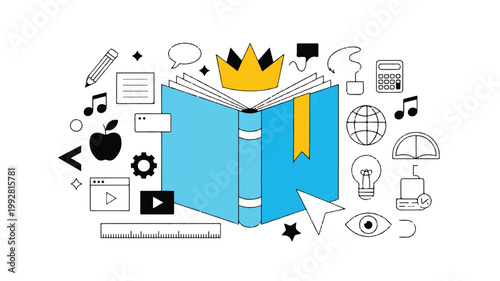 A flat design illustration of an open book with a crown on top, surrounded by various icons representing education and learning, such as a calculator, ruler, and musical notes