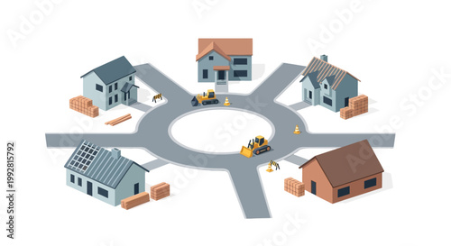Isometric Suburban Residential Development Concept with Houses Under Construction and Machinery in a Cul-de-sac Neighborhood