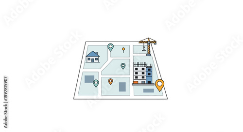 Real Estate and Urban Development Map Illustration with Location Pins, House, and Building Construction Icons