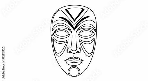 African Tribal Mask Outline Drawing, Traditional Face Symbol, Cultural Art