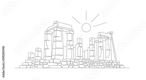 Ancient Ruins Line Art: Sun Shining on Crumbling Stone Structures