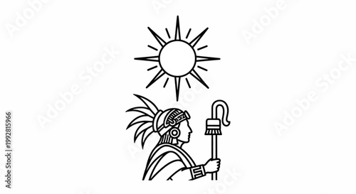 Ancient Sun God Iconography with Warrior Headdress and Staff