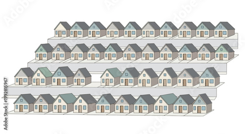 Suburban Real Estate Development Illustration with Rows of Identical Houses and a Missing Gap