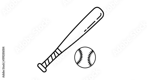 A simple black and white line drawing depicts a baseball bat and a baseball suggesting the sport of baseball