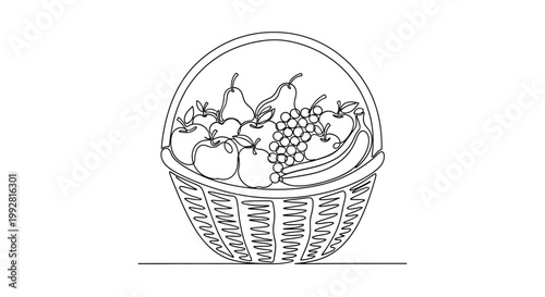 Continuous Line Drawing of a Woven Basket Filled with Fresh Fruits