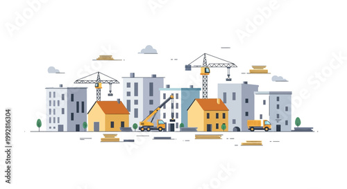 Modern Urban Construction Site Illustration with Tower Cranes, Apartment Buildings, and Houses under Development - City Growth and Real Estate Concept