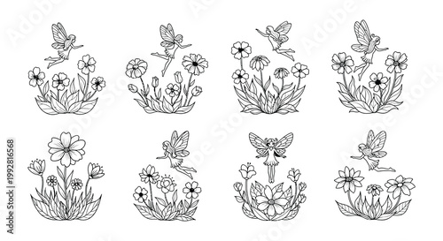 Charming collection of whimsical fairies and floral arrangements in line art