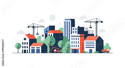 Flat Vector Illustration of Modern City Construction and Urban Development with Cranes and Buildings