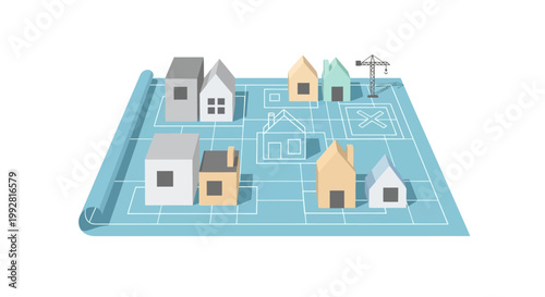 3D Isometric Urban Planning and Real Estate Development Concept on a Blue Architectural Blueprint with Miniature Houses and Construction Crane
